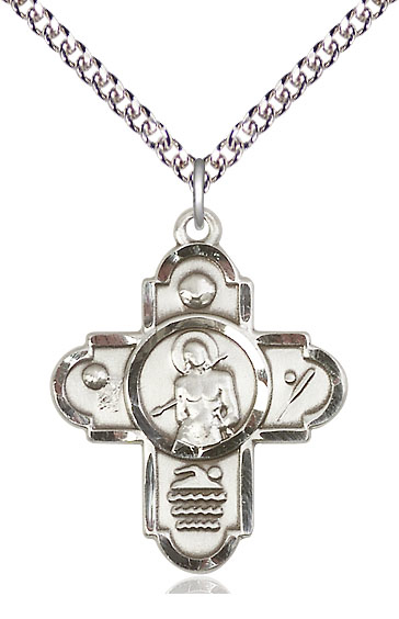 Sterling Silver 5-Way St Sebastian Sports Pendant on a 24 inch Sterling Silver Heavy Curb chain