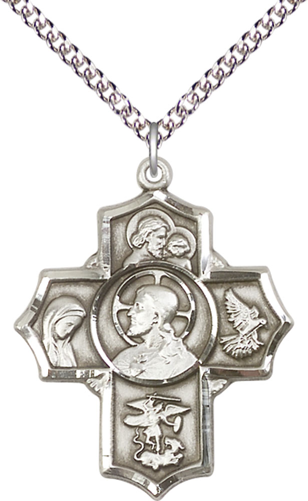 Sterling Silver Sacred Heart 5-Way Pendant on a 24 inch Sterling Silver Heavy Curb chain