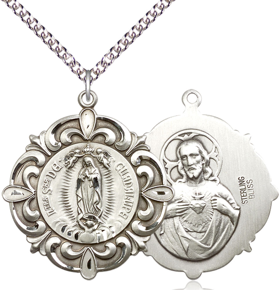 Sterling Silver Our Lady of Guadalupe Pendant on a 24 inch Sterling Silver Heavy Curb chain
