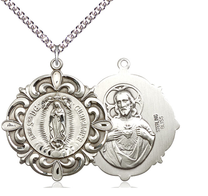 Sterling Silver Our Lady of Guadalupe Pendant on a 24 inch Sterling Silver Heavy Curb chain