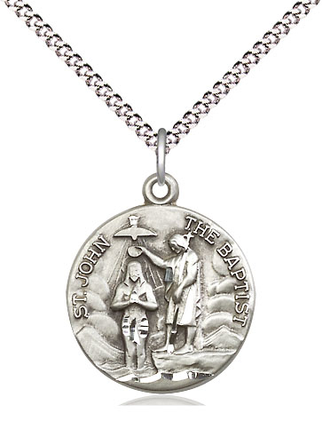 Sterling Silver Saint John the Baptist Pendant on a 18 inch Light Rhodium Light Curb chain