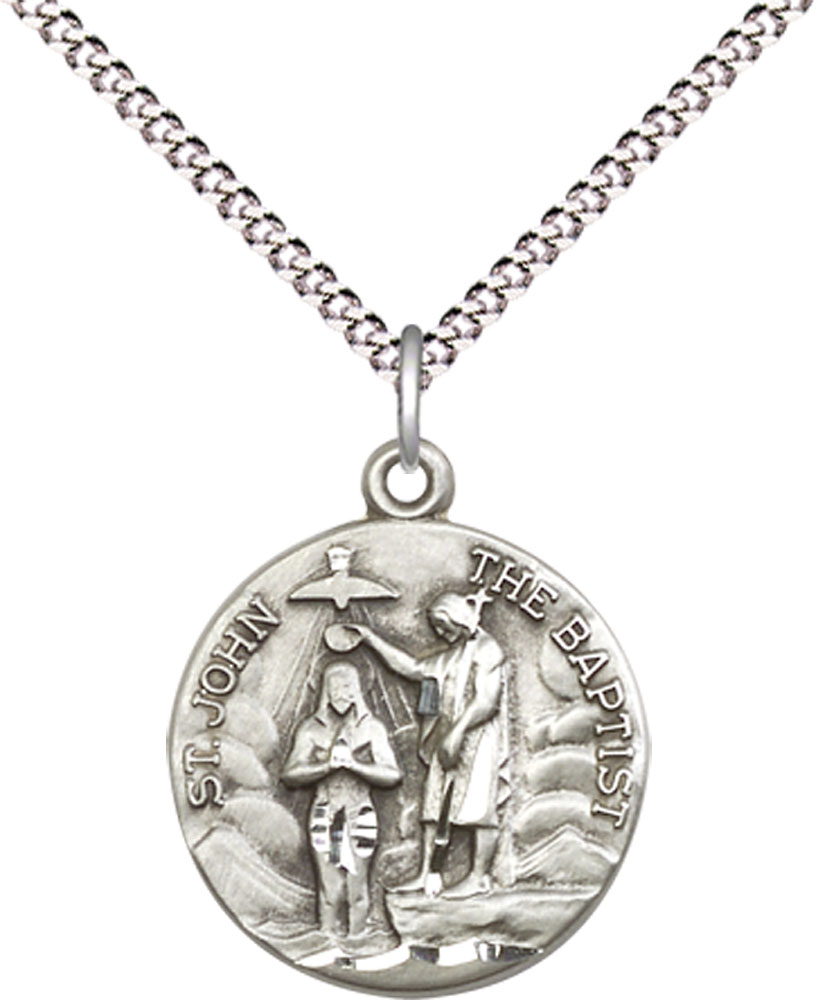 Sterling Silver Saint John the Baptist Pendant on a 18 inch Light Rhodium Light Curb chain