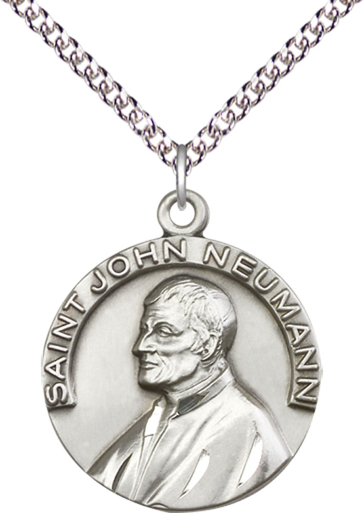 Sterling Silver Saint John Neumann Pendant on a 24 inch Sterling Silver Heavy Curb chain