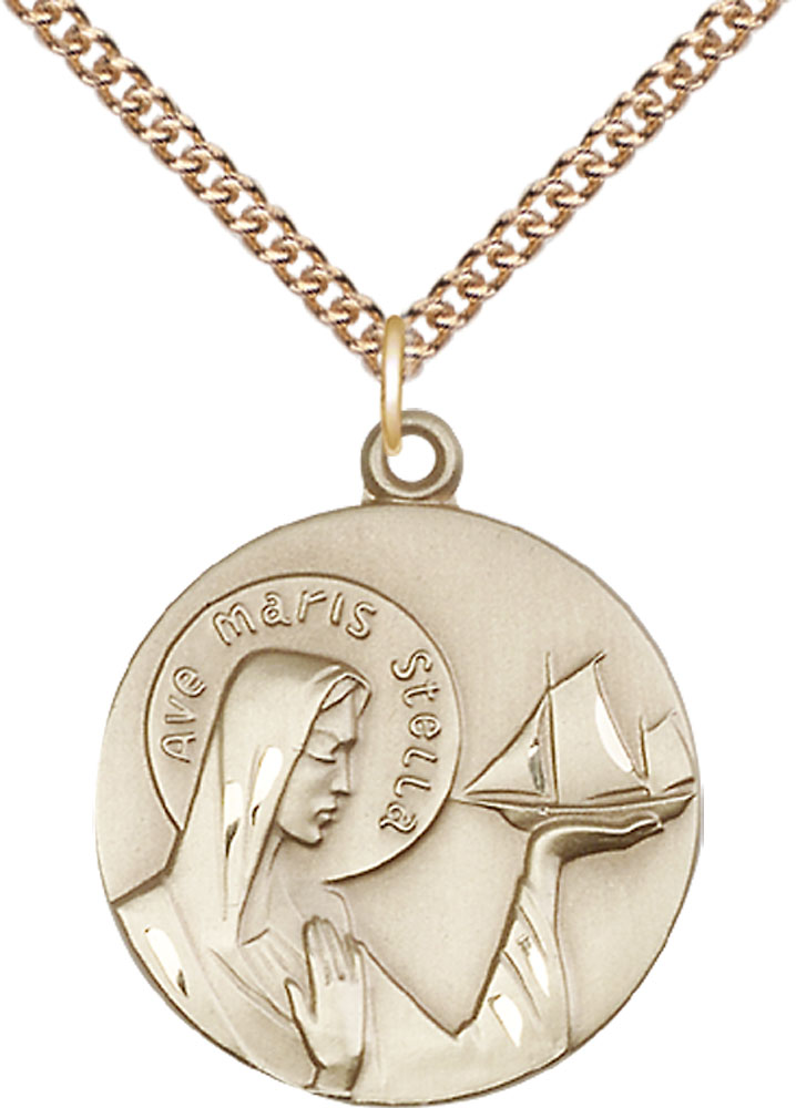 14kt Gold Filled Our Lady Star of the Sea Pendant on a 24 inch Gold Filled Heavy Curb chain