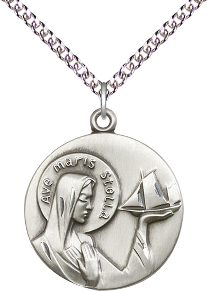 Sterling Silver Our Lady Star of the Sea Pendant on a 24 inch Sterling Silver Heavy Curb chain