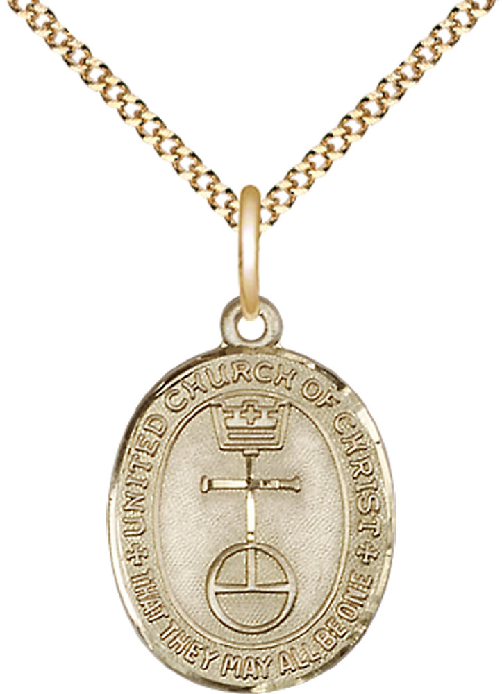 14kt Gold Filled United Church of Christ Pendant on a 18 inch Gold Plate Light Curb chain
