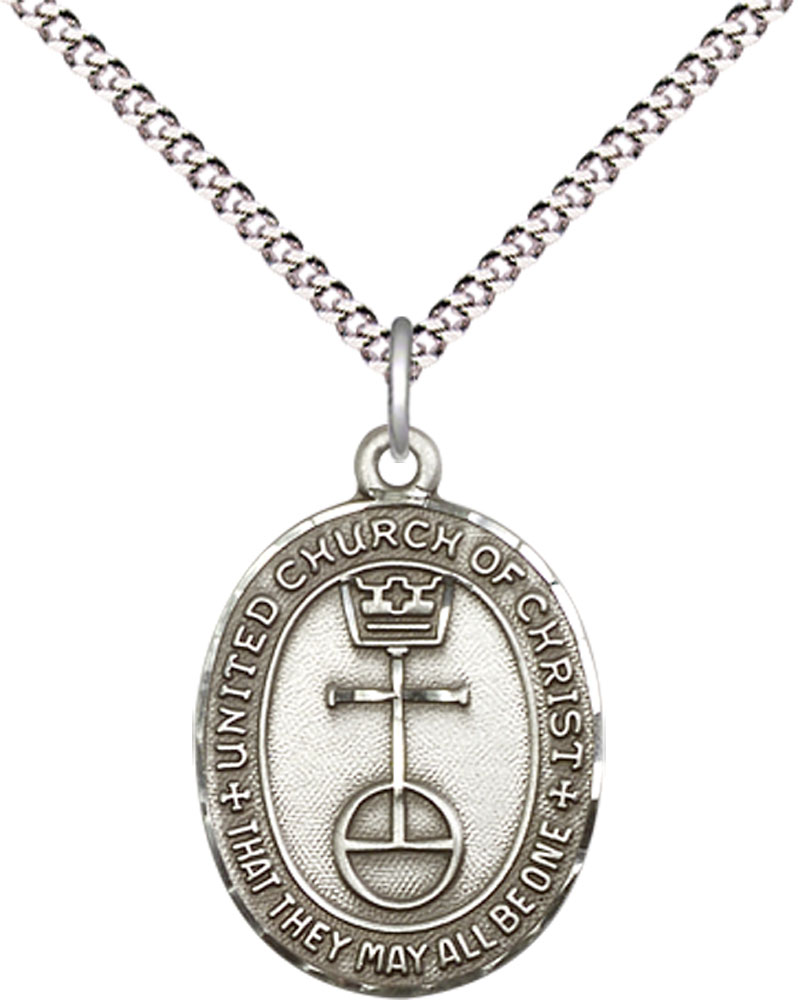 Sterling Silver United Church of Christ Pendant on a 18 inch Light Rhodium Light Curb chain