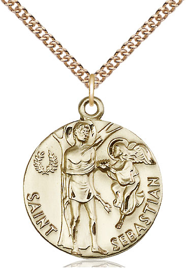 14kt Gold Filled Saint Sebastian Pendant on a 24 inch Gold Filled Heavy Curb chain