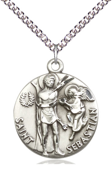 Sterling Silver Saint Sebastian Pendant on a 24 inch Sterling Silver Heavy Curb chain