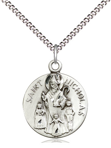 Sterling Silver Saint Nicholas Pendant on a 18 inch Light Rhodium Light Curb chain