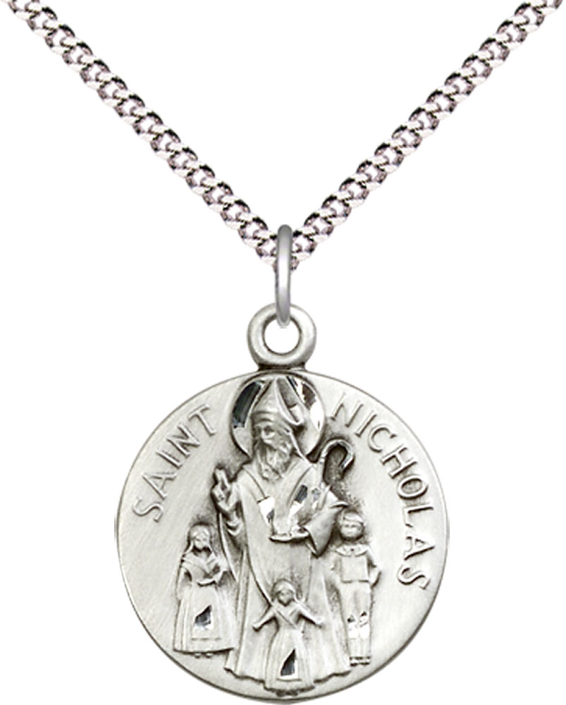 Sterling Silver Saint Nicholas Pendant on a 18 inch Light Rhodium Light Curb chain