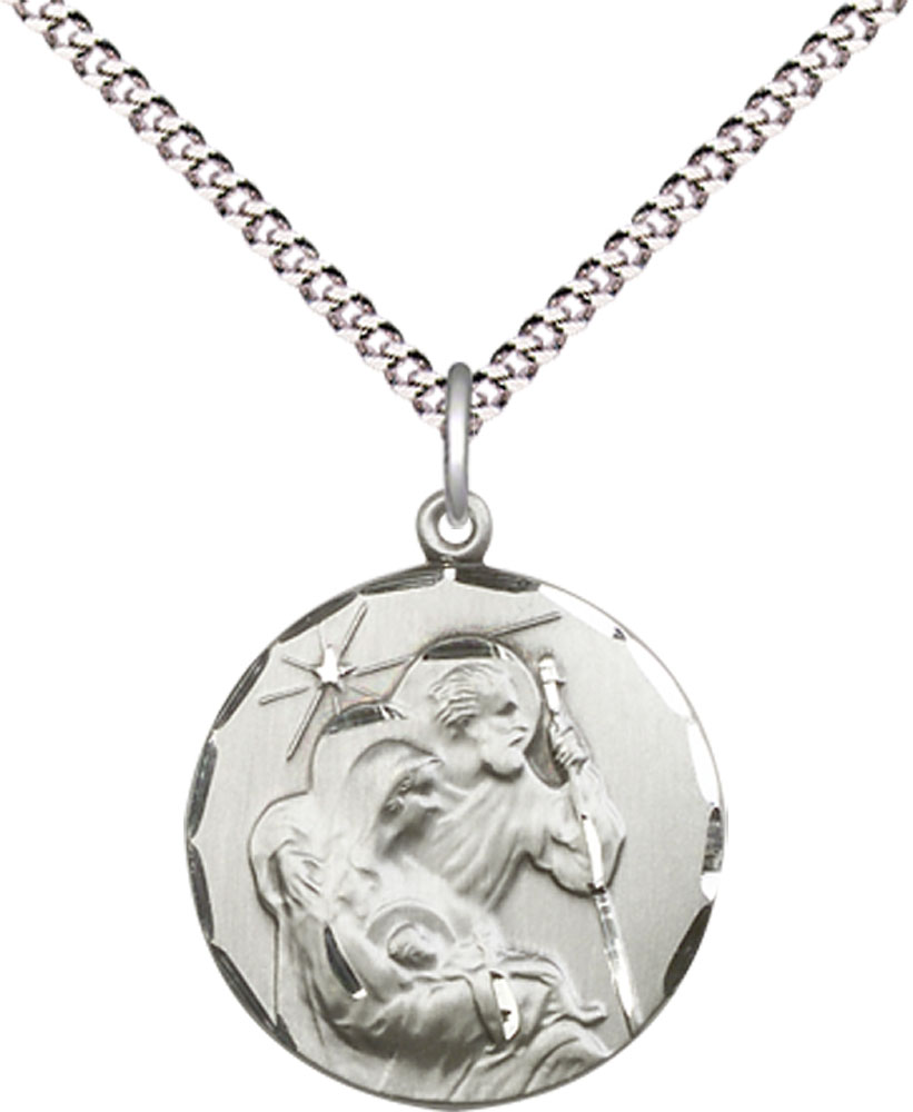 Sterling Silver Holy Family Pendant on a 18 inch Light Rhodium Light Curb chain