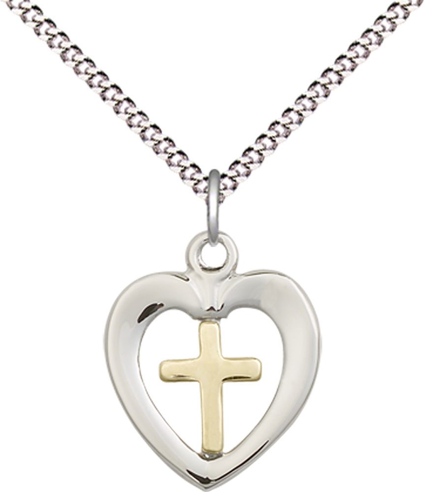 Two-Tone GF/SS Heart Cross Pendant on a 18 inch Light Rhodium Light Curb chain