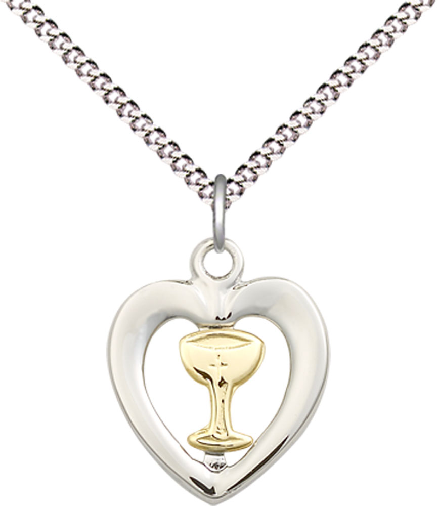 Two-Tone GF/SS Heart / Chalice Pendant on a 18 inch Light Rhodium Light Curb chain