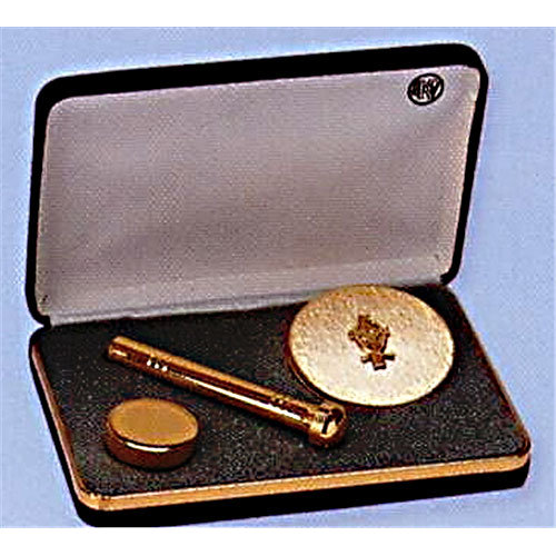 Pastoral/Deacon Set.  4&quot; x 6&quot; surdy hard shell case with foam padded compartments,  2-1/4&quot; dia.  Pyx (10 host cap.), 1&quot; dia. oil stock (OI), 3-3/4&quot; pocket sprinkler.  24k gold plated.