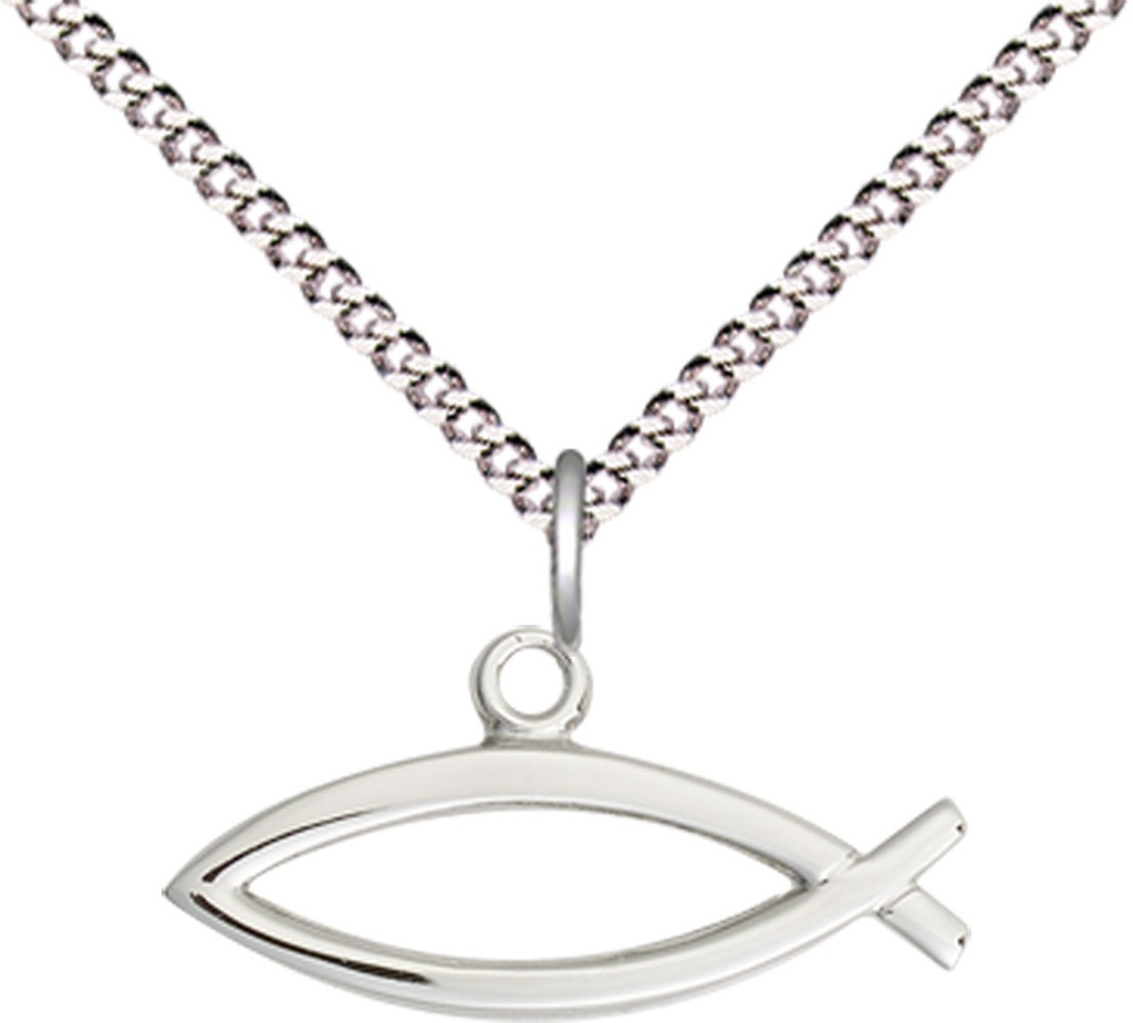 Sterling Silver Fish Pendant on a 18 inch Light Rhodium Light Curb chain