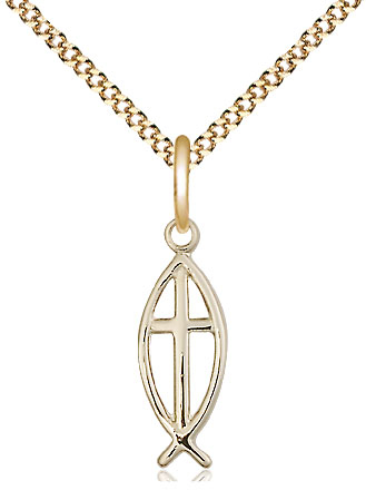 14kt Gold Filled Fish Cross Pendant on a 18 inch Gold Plate Light Curb chain