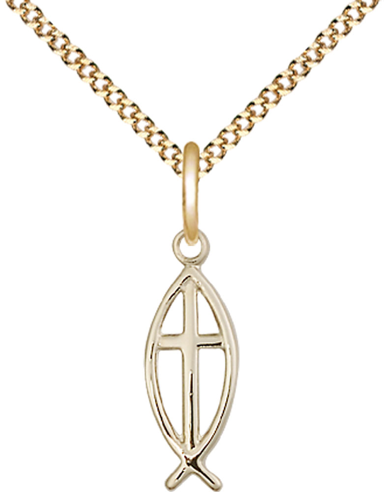 14kt Gold Filled Fish Cross Pendant on a 18 inch Gold Plate Light Curb chain
