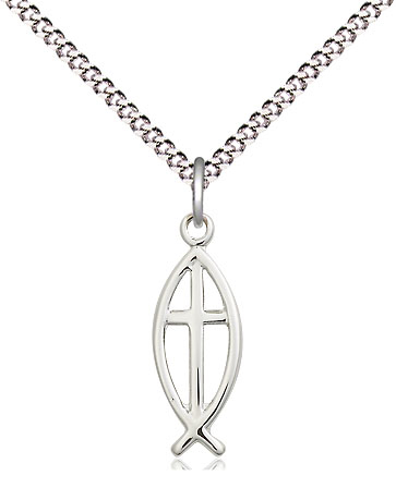 Sterling Silver Fish Cross Pendant on a 18 inch Light Rhodium Light Curb chain