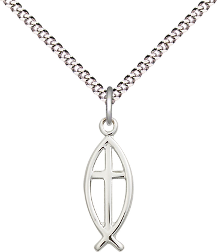 Sterling Silver Fish Cross Pendant on a 18 inch Light Rhodium Light Curb chain