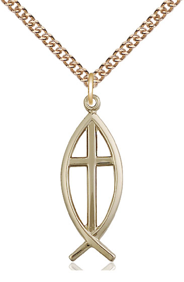 14kt Gold Filled Fish Cross Pendant on a 24 inch Gold Filled Heavy Curb chain