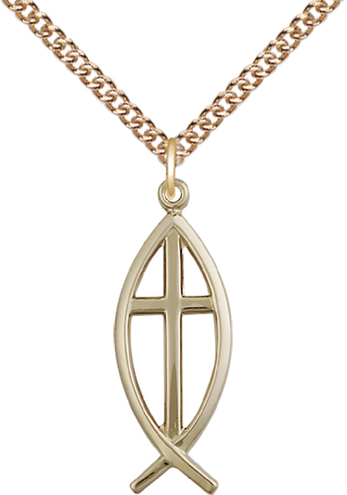 14kt Gold Filled Fish Cross Pendant on a 24 inch Gold Filled Heavy Curb chain