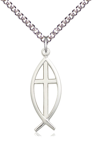 Sterling Silver Fish Cross Pendant on a 24 inch Sterling Silver Heavy Curb chain