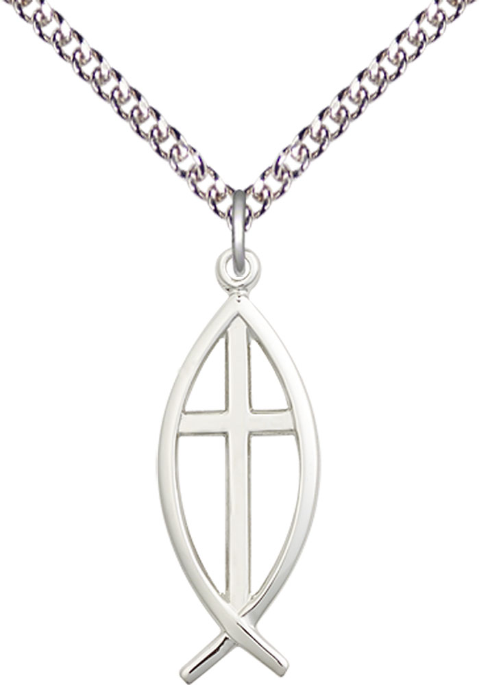 Sterling Silver Fish Cross Pendant on a 24 inch Sterling Silver Heavy Curb chain