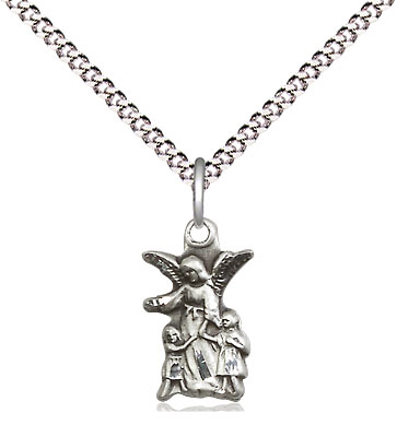 Sterling Silver Guardian Angel Pendant on a 18 inch Light Rhodium Light Curb chain