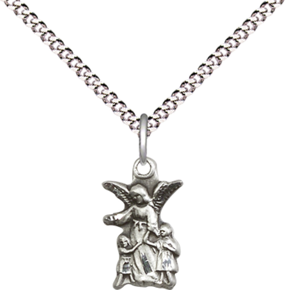 Sterling Silver Guardian Angel Pendant on a 18 inch Light Rhodium Light Curb chain