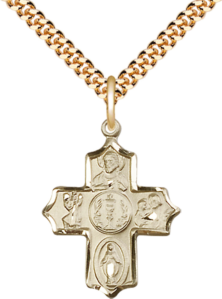 14kt Gold Filled 4-Way Pendant on a 24 inch Gold Plate Heavy Curb chain