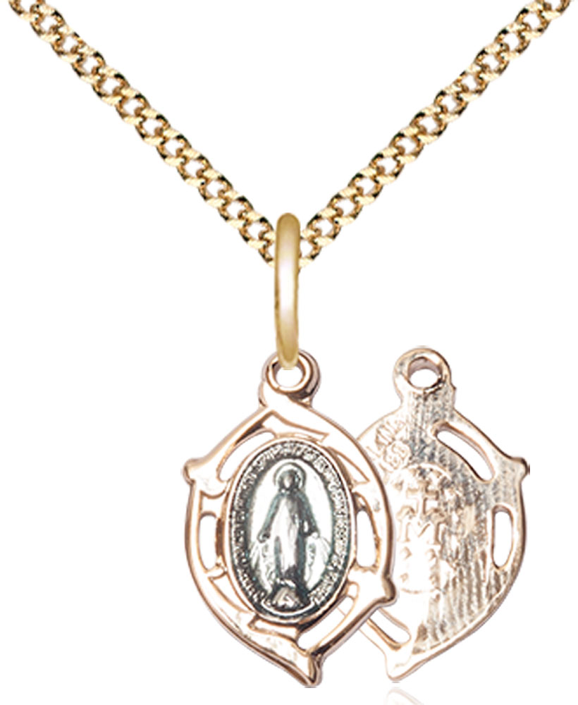 Gold Plate Sterling Silver Miraculous Pendant on a 18 inch Gold Plate Light Curb chain