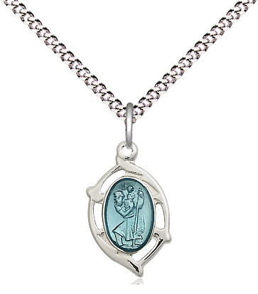 Sterling Silver Saint Christopher Pendant on a 18 inch Light Rhodium Light Curb chain