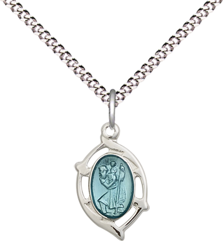 Sterling Silver Saint Christopher Pendant on a 18 inch Light Rhodium Light Curb chain