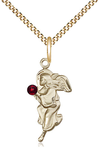 14kt Gold Filled Guardian Angel Pendant with a 3mm Garnet Swarovski stone on a 18 inch Gold Plate Light Curb chain