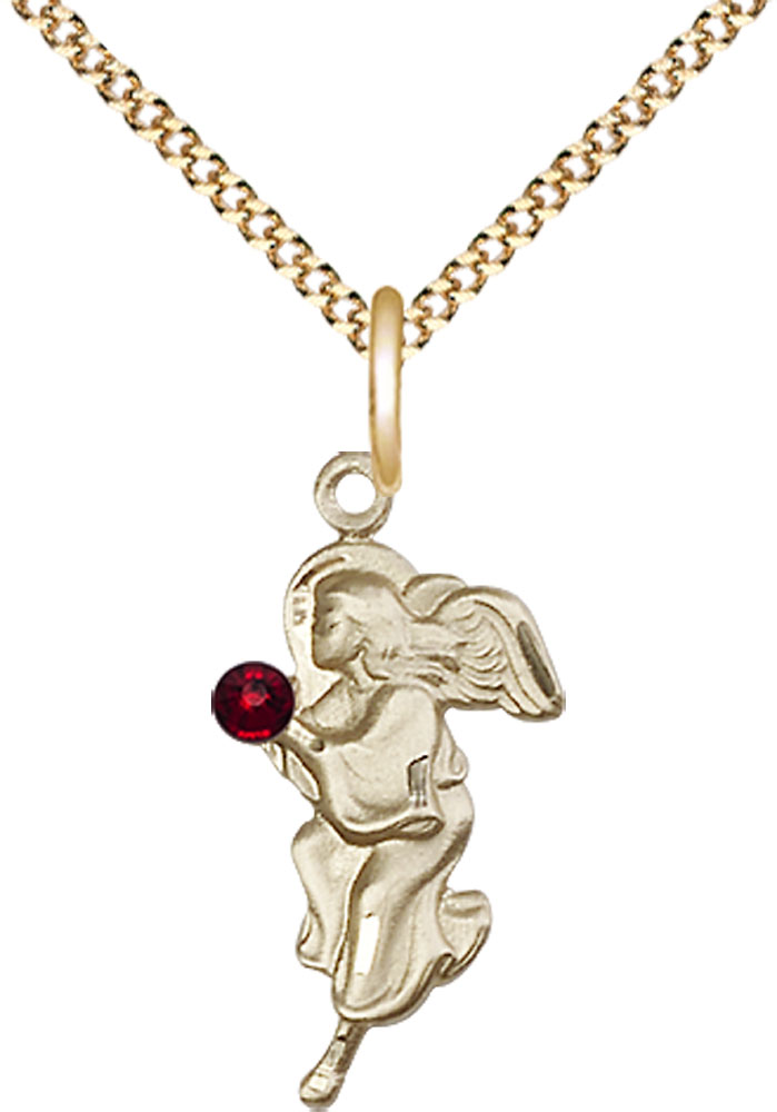 14kt Gold Filled Guardian Angel Pendant with a 3mm Garnet Swarovski stone on a 18 inch Gold Plate Light Curb chain