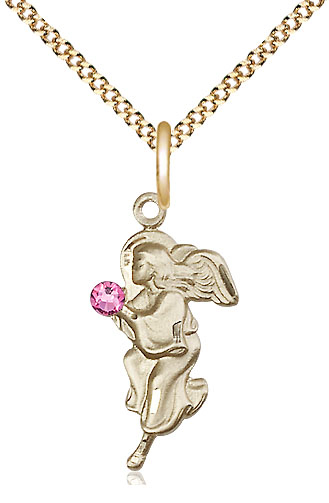 14kt Gold Filled Guardian Angel Pendant with a 3mm Rose Swarovski stone on a 18 inch Gold Plate Light Curb chain