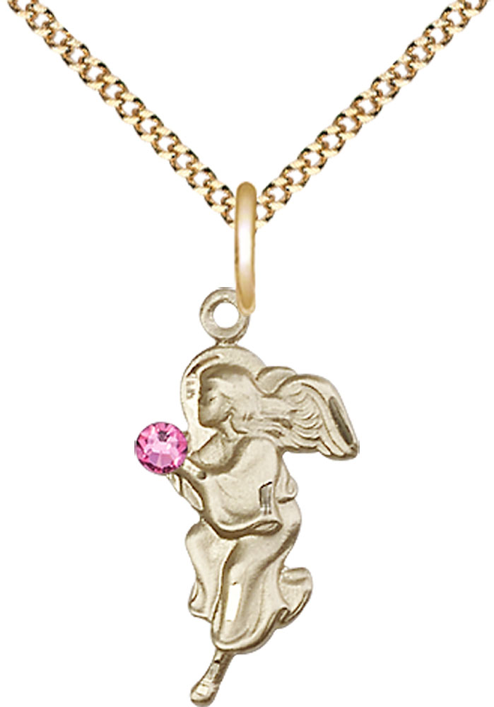 14kt Gold Filled Guardian Angel Pendant with a 3mm Rose Swarovski stone on a 18 inch Gold Plate Light Curb chain