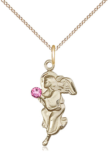 14kt Gold Filled Guardian Angel Pendant with a 3mm Rose Swarovski stone on a 18 inch Gold Filled Light Curb chain