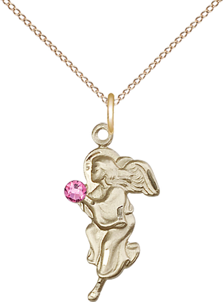 14kt Gold Filled Guardian Angel Pendant with a 3mm Rose Swarovski stone on a 18 inch Gold Filled Light Curb chain