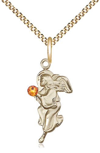 14kt Gold Filled Guardian Angel Pendant with a 3mm Topaz Swarovski stone on a 18 inch Gold Plate Light Curb chain