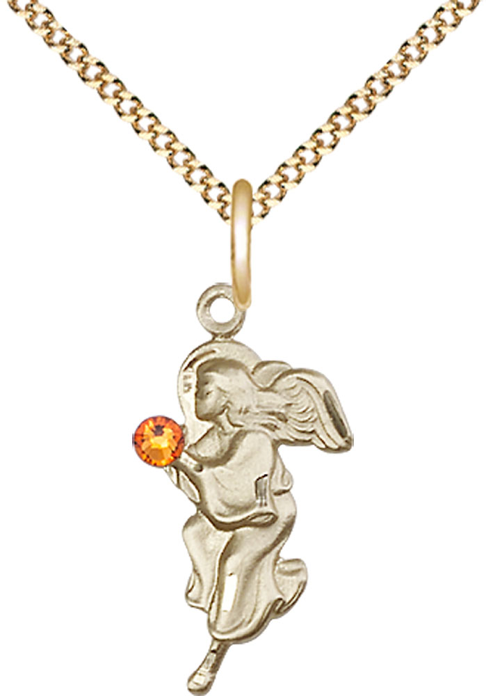 14kt Gold Filled Guardian Angel Pendant with a 3mm Topaz Swarovski stone on a 18 inch Gold Plate Light Curb chain