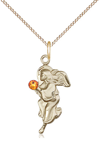 14kt Gold Filled Guardian Angel Pendant with a 3mm Topaz Swarovski stone on a 18 inch Gold Filled Light Curb chain