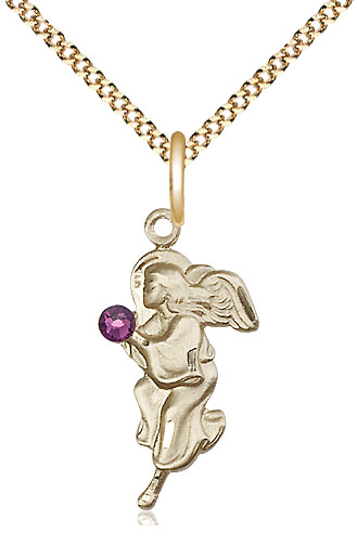 14kt Gold Filled Guardian Angel Pendant with a 3mm Amethyst Swarovski stone on a 18 inch Gold Plate Light Curb chain