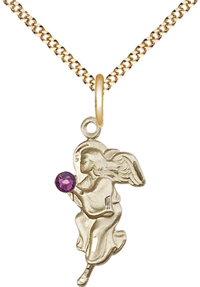 14kt Gold Filled Guardian Angel Pendant with a 3mm Amethyst Swarovski stone on a 18 inch Gold Plate Light Curb chain