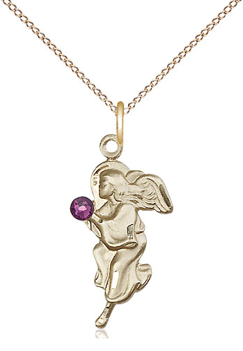 14kt Gold Filled Guardian Angel Pendant with a 3mm Amethyst Swarovski stone on a 18 inch Gold Filled Light Curb chain