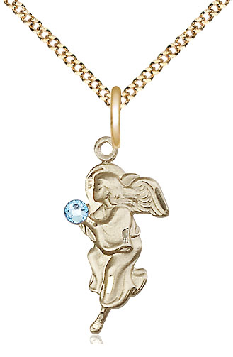 14kt Gold Filled Guardian Angel Pendant with a 3mm Aqua Swarovski stone on a 18 inch Gold Plate Light Curb chain