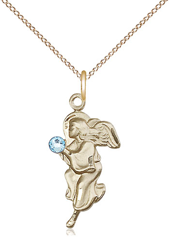 14kt Gold Filled Guardian Angel Pendant with a 3mm Aqua Swarovski stone on a 18 inch Gold Filled Light Curb chain