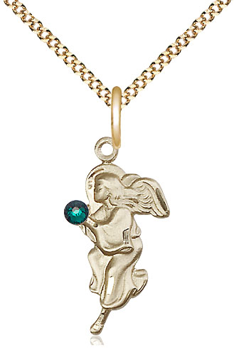 14kt Gold Filled Guardian Angel Pendant with a 3mm Emerald Swarovski stone on a 18 inch Gold Plate Light Curb chain