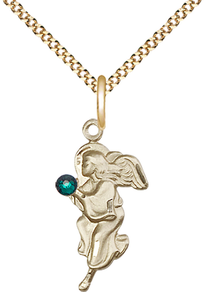 14kt Gold Filled Guardian Angel Pendant with a 3mm Emerald Swarovski stone on a 18 inch Gold Plate Light Curb chain